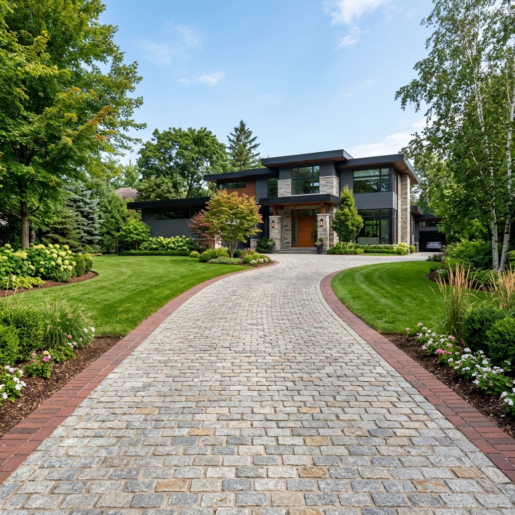 Cobblestone driveway and landscape borders
