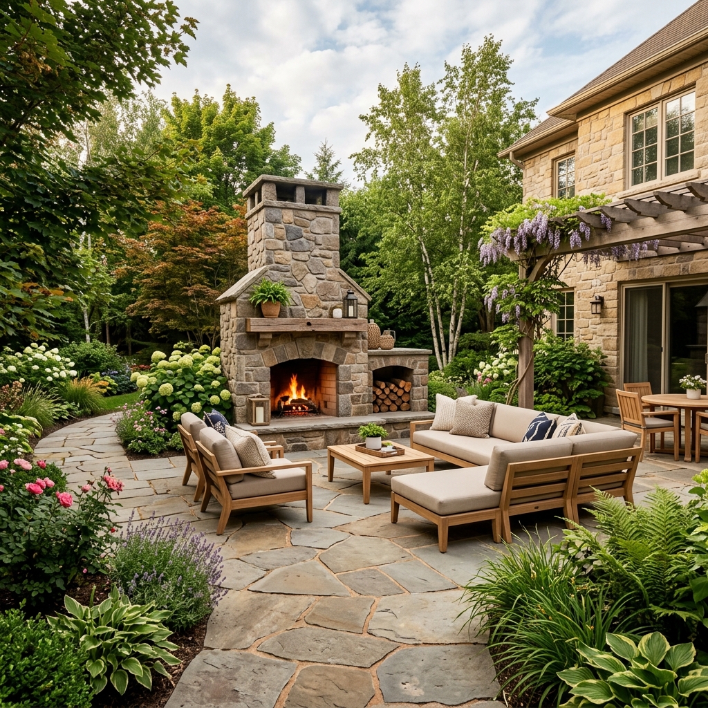 Custom Paver Patio and Stone Fireplace